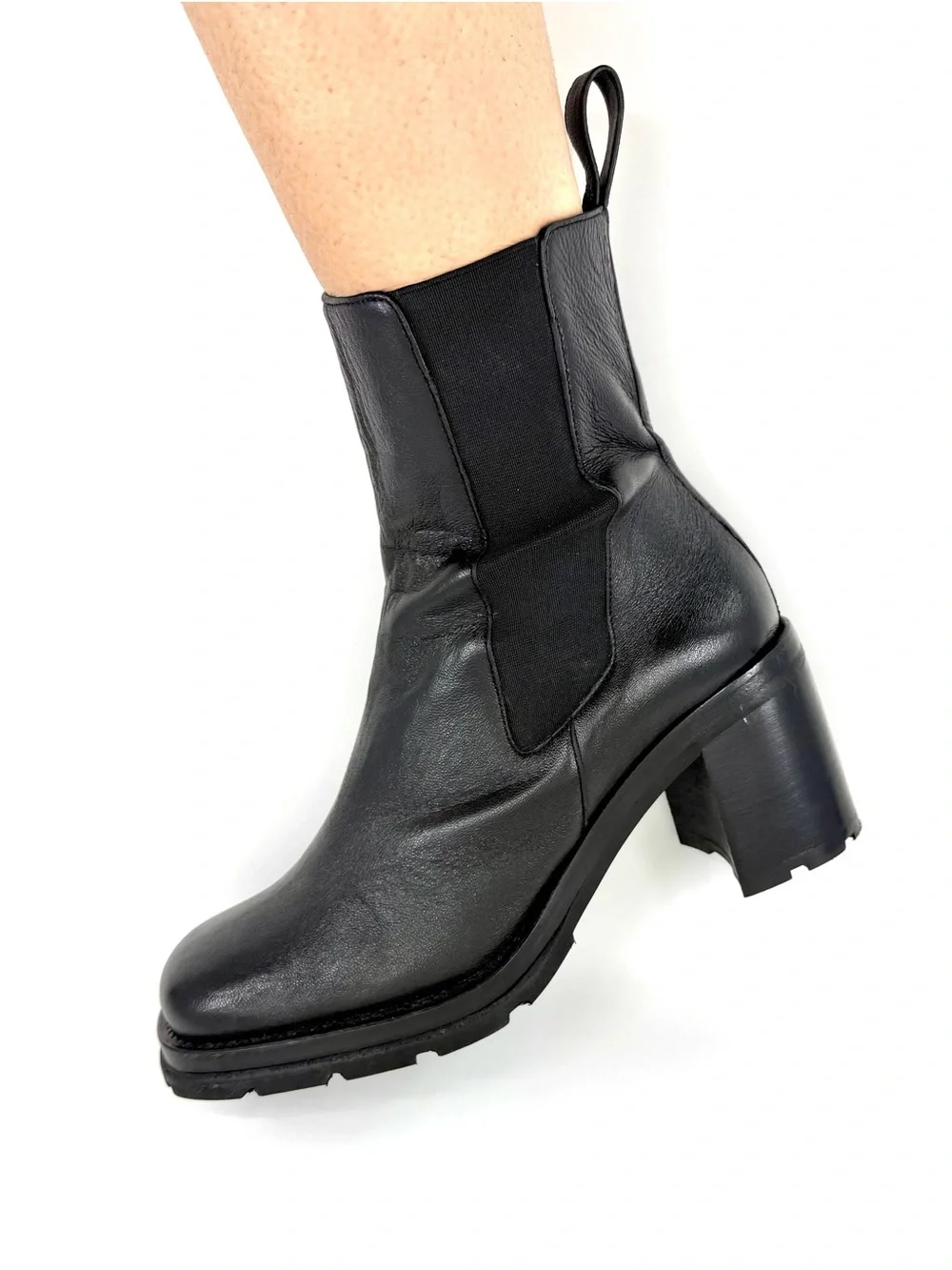 BY FAR Black Leather Chunky Heel Chelsea Ankle Boots